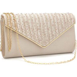 ⚡  Women's Evening Rhinestones Envelope Style Chain Strap Tan Clutch Handbag